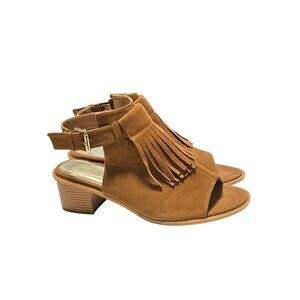 Womens Brown Suede Open-Toe Fringe Sandals 12W  Buckle Strap  2-Inch Block sz 12